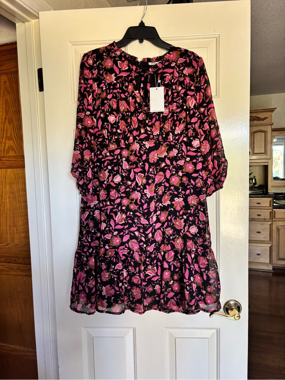 Women's Pink Floral Mini Dress with Black Base